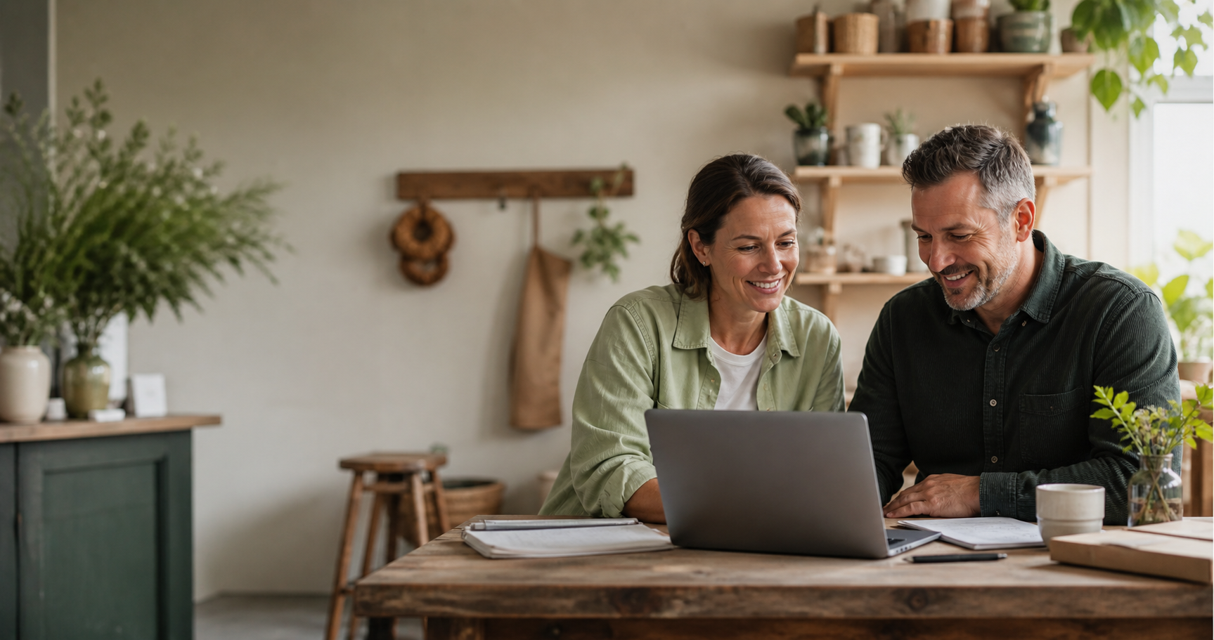 A small-business owner and consultant working together at a laptop